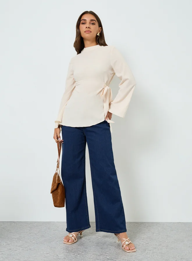 Styli Women Beige Long Sleeve Tie-Waist Blouse